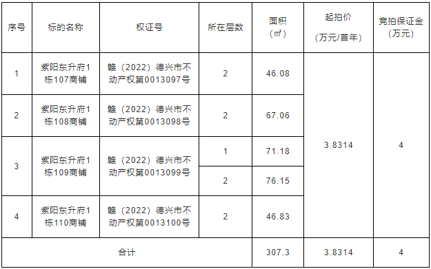 德興市紫陽東升府1棟107、108、109、110的二層及109的一層共5間商鋪整體招租（5年） 拍賣公告